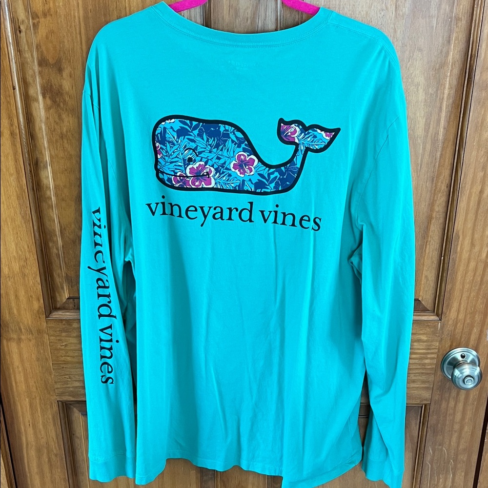 Vineyard Vines Turquoise Floral Whale Long Sleeve Shirt